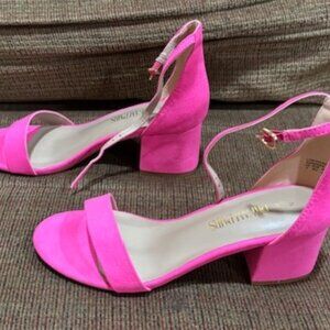 Neon Pink Open Toe Ankle Strap Low Block‎ Chunky Heels - Size 6 by DREAMPAIR